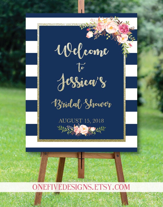 Bridal Shower Welcome Sign (Navy Pink Blush Gold Glitter Fuschia Fuchsia Stripes Flowers) - Printable (16x20) Il_570xn