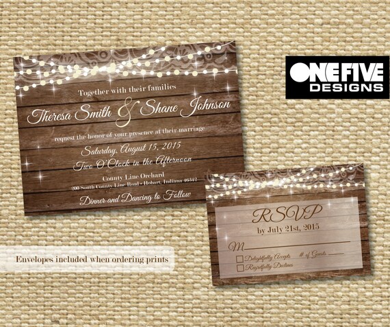 Rustic Wedding Invitation with Response Card, String Lights on Wood - Printable Il_570xn