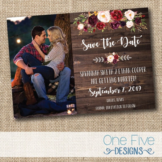 Burgundy Blush Marsala Country Chic Rustic Wedding Save The Date with Flowers on Wood - Printable (5X7) Il_570xn