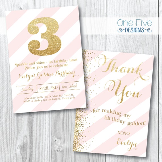 ANY AGE - Sparkle & Shine - Gold/Pink Party Invitation with FREE Thank You Card - Printable (5x7) Il_570xn