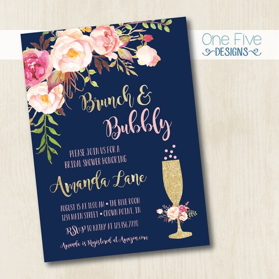 Brunch & Bubbly Bridal Shower Invitation with Flowers (navy, gold, pink, blush) - Printable (5x7) Il_570xn
