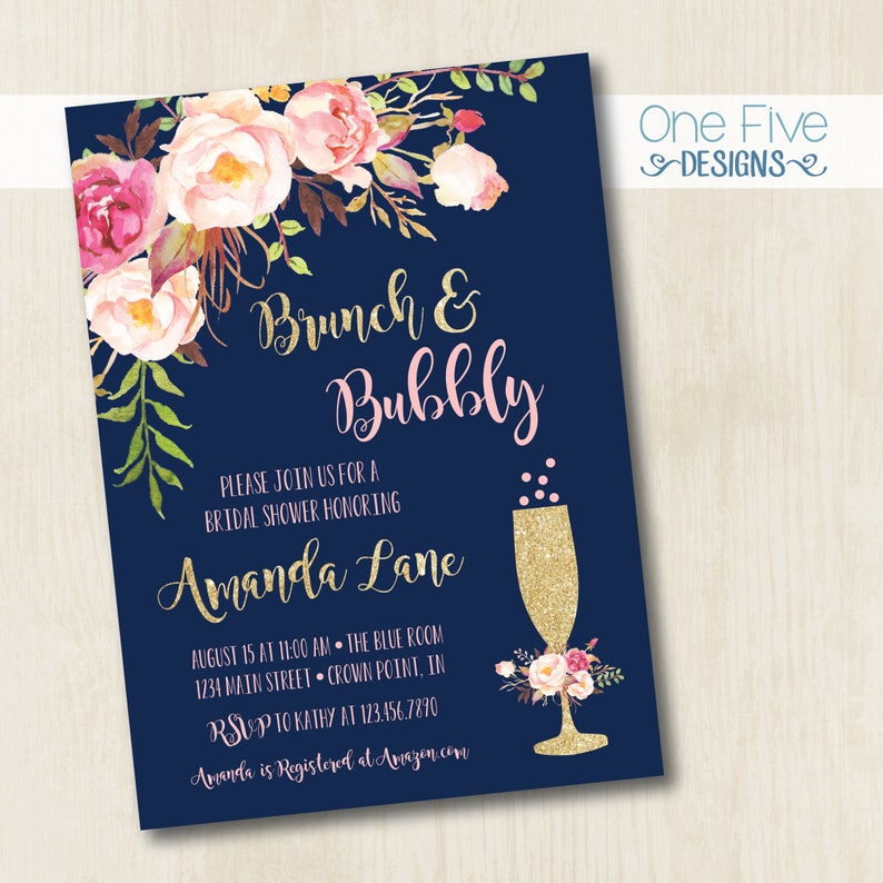 Brunch & Bubbly Bridal Shower Invitation with Flowers navy | Etsy