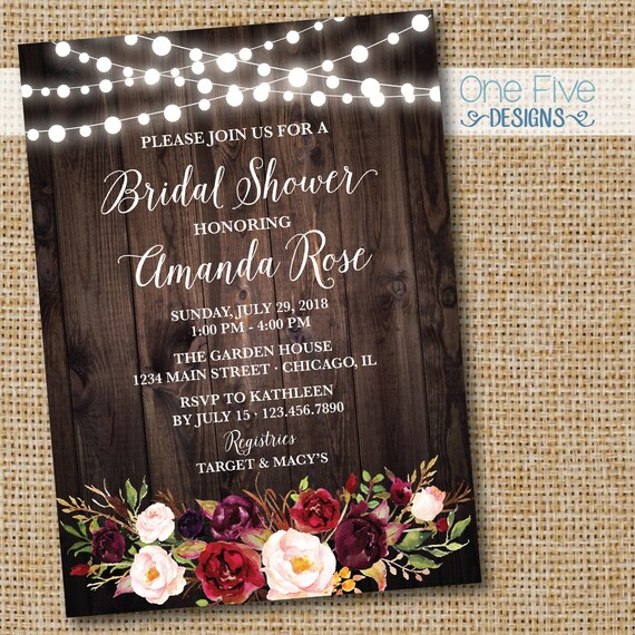 Rustic Country Chic Wood String Lights Flowers Burgundy Blush Maroon Pink Bridal Shower Invitation - Printable (5x7) Il_570xn