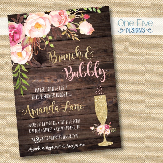 Brunch & Bubbly Bridal Shower Invitation with Flowers (dark wood, gold, pink, blush, glitter) - Printable (5x7) Il_570xn
