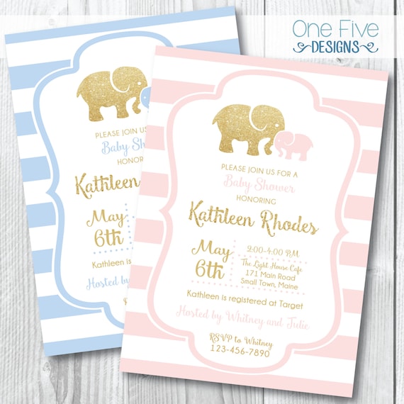 Glitter Elephant Baby Shower Invitation - BOY or GIRL - Blue or Pink - Printable (5x7) Il_570xn