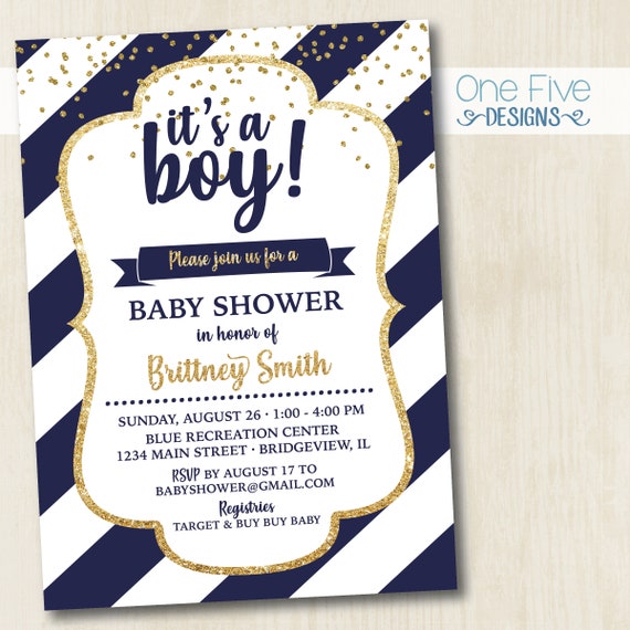 Navy Gold Glitter Baby Boy Shower Invitation- glitter - Printable (5x7) Il_570xn