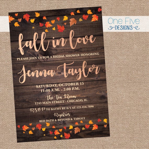 Fall In Love Rose Gold Rustic Bridal Shower Invitation Autumn Leaves wood country chic - Printable (5x7) Il_570xn