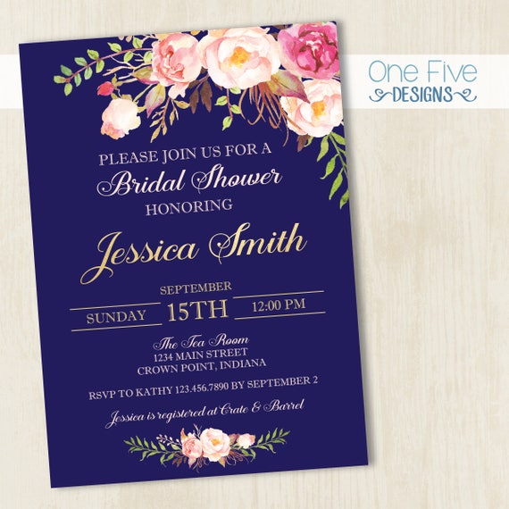 Navy Gold Pink Blush Bridal Shower Invitation with Flowers - Printable (5x7) Il_570xn