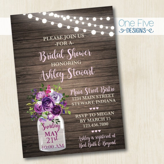 Purple Watercolor Flowers Bridal Shower Invitation with Mason Jar and String Lights - Printable (5x7) Il_570xn