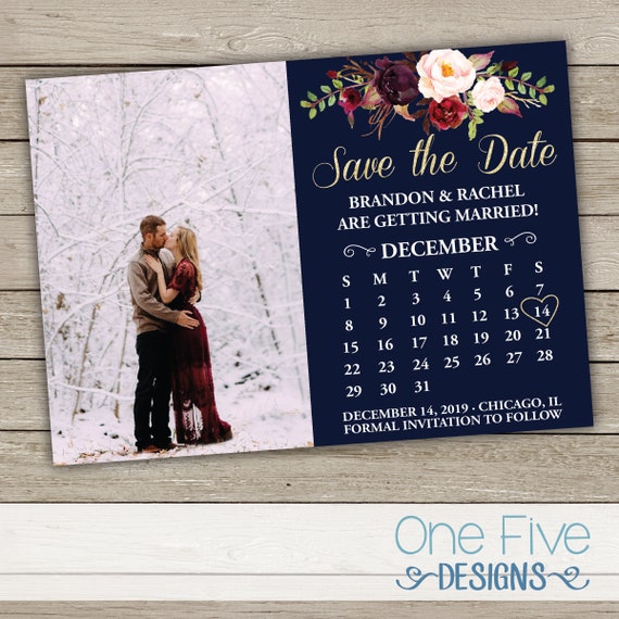 Elegant Navy Gold Burgundy Blush Marsala Wedding Save The Date with Photo, Roses and Calendar - Printable (5X7) Il_570xn