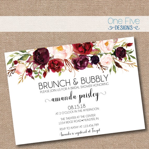 Brunch & Bubbly Bridal Shower Invitation with Flowers (fall colors, elegant, simple, classic, burgundy, blush, garden) - Printable (5x7) Il_570xn