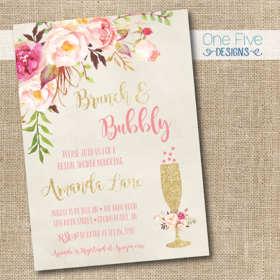 Brunch & Bubbly Bridal Shower Invitation with Flowers - Printable (5x7) Il_570xn