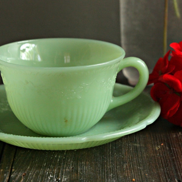 Vintage Jadeite Cup and Saucer, Alice Floral Jadeite, Jadite Dishes, Fire King Jadeite, Jadite Cup and Saucer, Green Tea Cup and Saucer