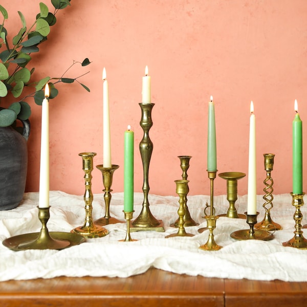 5 Vintage Brass Candlesticks Set, Gold Wedding Candle Holders, Graduated Candlesticks Antique, Mid Century Candlestick Holder Bulk, 1257