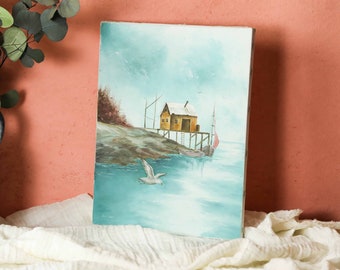 Vintage Ocean Painting Original, Seagull Painting Beach, Boat House Painting, Beach House Artwork, Coastal Painting, Waterfront Art, 2242