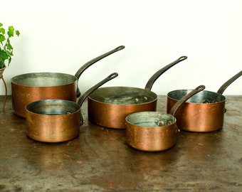 Vintage Villedieu Set of 5, French Copper Pots Set, Vintage Copper Cookware, France Copper Pot, French Copper Cookware, Cookware Copper 1427
