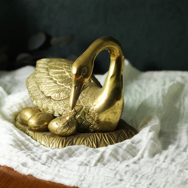 Large Vintage Goose Figurine, Brass Goose Art, Vintage Goose Decor, Brass Swan on Nest, Vintage Swan Figurine, Farm Animal Figurine, 2485