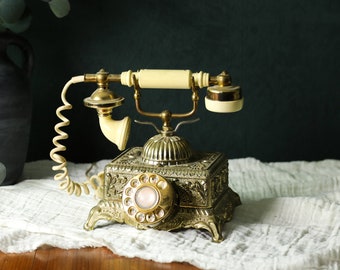 Vintage Brass Telephone, Antique Rotary Phone with Cord, Cottage Chic Decor, Victorian Phone for Wedding, 1920s Phone, Victorian Office 2483