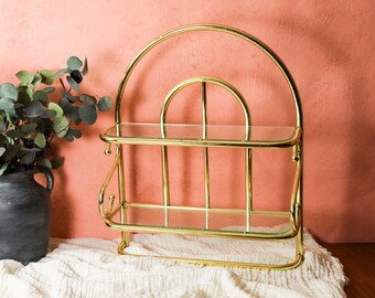 Vintage Brass Shelf, Brass Wall Shelf, 1980s Furniture, Etagere Shelf Post Modern, Large Wall Shelving Bathroom, Brass and Glass Shelves2494