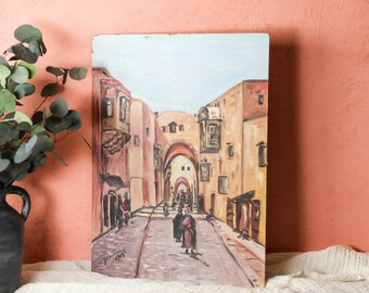 Vintage Spanish Painting Original, Mid Century Original Artwork, Spanish Cityscape Art, Adobe House Painting, Mexico Village Painting, 2504