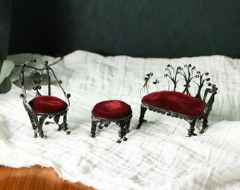 Authentic Vintage Doll House Furniture Set, Victorian Miniature Dollhouse, Dollhouse Velvet Chair and Couch, Miniature Chair and Ottoman2477