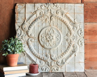 Vintage Tin Tile, Architectural Salvage, Metal Ceiling Tile, Shabby Chic Mantel Decor, Pressed Tin, Farmhouse Wall Decor, Chippy White
