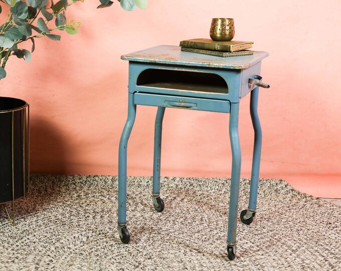 Vintage Rolling Side Table With Drawer Industrial End Table Etsy