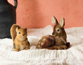 Vintage Woodland Animal Figurines Set of 2, Flocked Animal Bank, Felt Squirrel, Felt Deer Bank, Cute Woodland Baby Animal, Felt Fawn, 2482