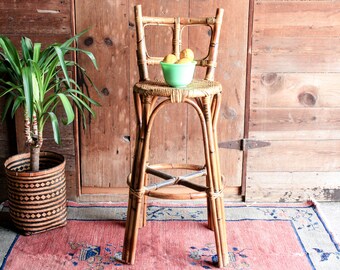 Vintage Rattan Bar Stool with Back, Kitchen Bar Stools Rustic, Rattan Furniture, Boho Stool, Bamboo Chair, Wicker Stool, Jungalow Chair