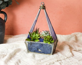 Vintage Hanging Planter Succulent, Boho Stained Glass Plant Hanger Suncatcher, Cobalt Glass Terrarium Air Plant, Hanging Candle Holder 2503