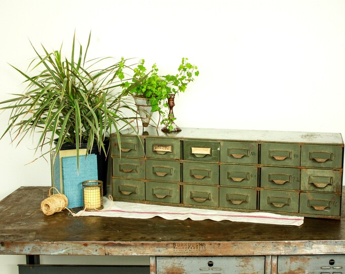 Vintage Metal Card Catalog, Hardware Green, Industrial
