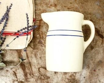 Vintage Stoneware Pitcher, Salt Glaze Pitcher, Farmhouse Pitcher Vase, Utensil Crock Stoneware, Blue Stripe Pitcher, Buckeye Pottery, 2012