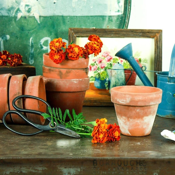 3 Vintage Terracotta Pots, 4 Inch Plant Pot, Small Clay Flower Pot, Old Fashioned Flower Pot, Farmhouse Herb Planter, House Planter, 2222