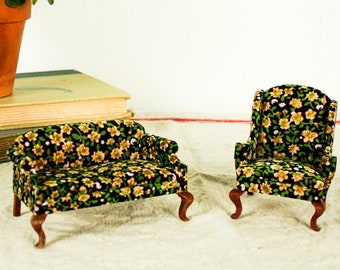 Vintage Doll House Couch and Chair, Mid Century Dollhouse Living Room Set, Miniature Couch, Miniature Side Chair, Grandma Couch 2280