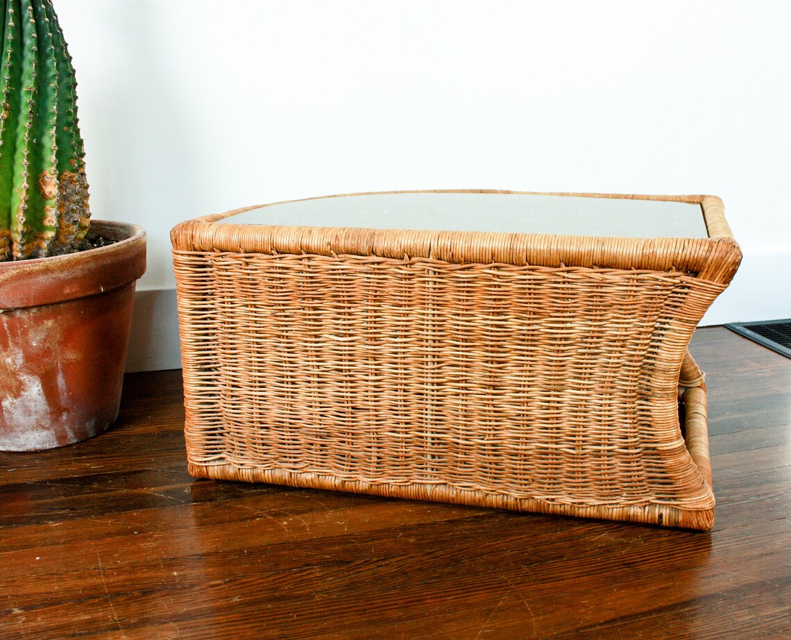Vintage Wicker End Tables Glass Top Coffee Tables Brown Etsy