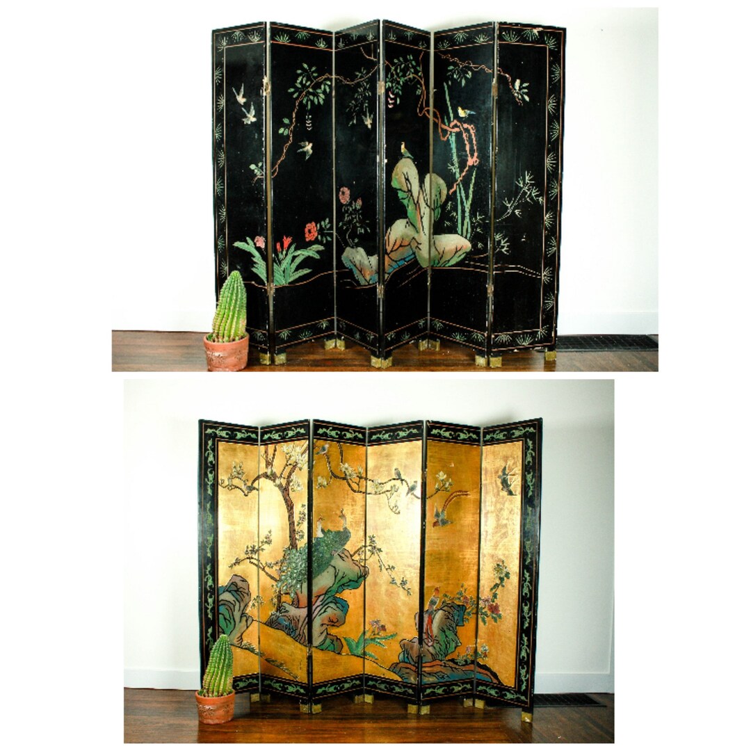 Vintage Double Side Room Divider Asian, Coromandel Screen, Gold Room