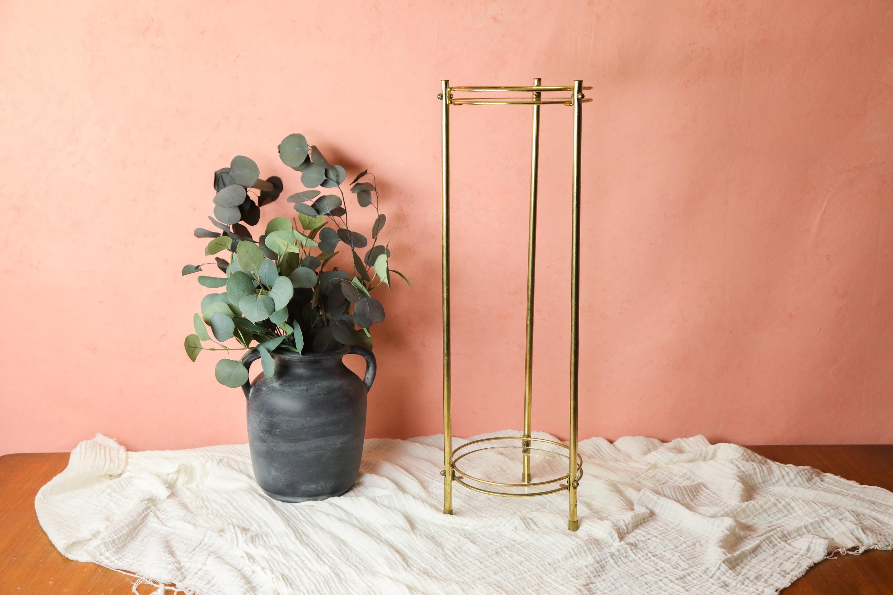 Vintage Brass and Glass Plant Stand, Small Round Side Table, Mid