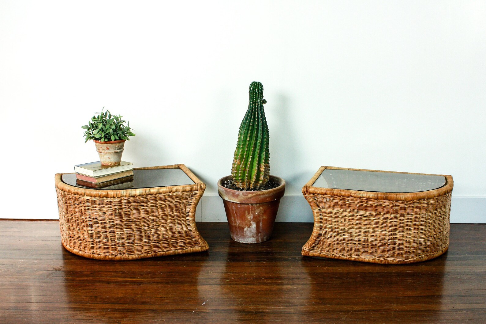 Vintage Wicker End Tables Glass Top Coffee Tables Brown Etsy