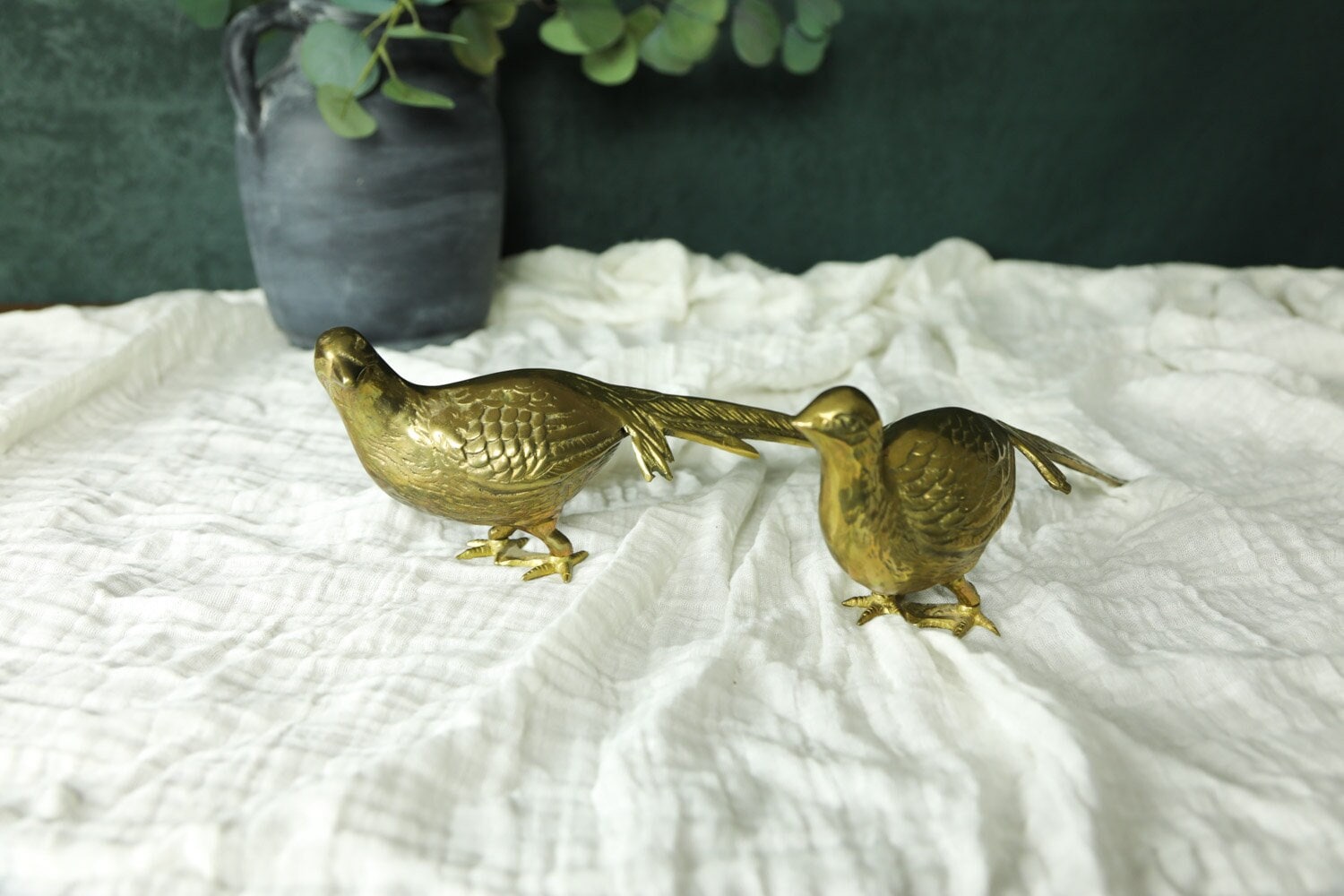 Vintage Brass Bird Figurine Pair, Pair of Brass Pheasant, Pheasant