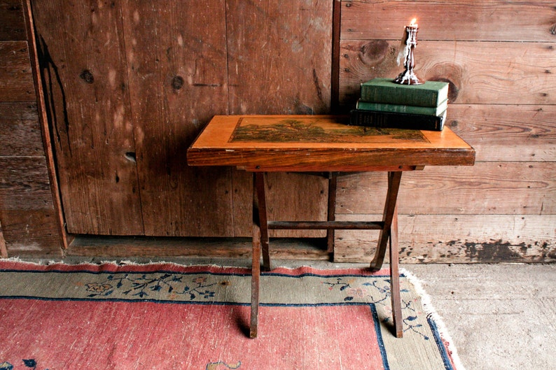 Vintage Wood Folding Table Rustic End Card Farmhouse Side Bar Cart Loft Style