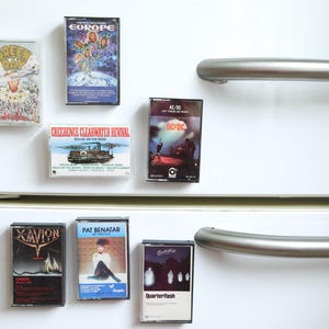 vintage 1980's 1990's and 2000's
 rock band cassette tapes turned refrigerator art magnet