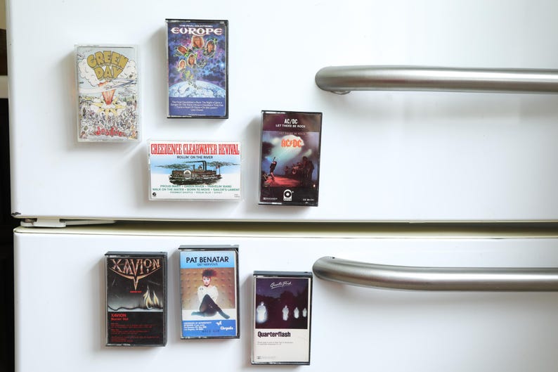 vintage 1980's 1990's and 2000's
 rock band cassette tapes turned refrigerator art magnet
