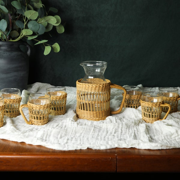 8 Rattan Glasses and Pitcher Set, Boho Glass Tumbler, Wicker Pitcher, Boho Drinking Glasses, Rustic Modern Mug, Summer Drinking Glasses 2377