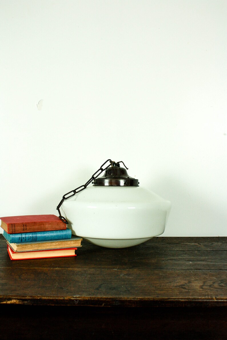 Vintage Schoolhouse Light Fixture Hanging Ceiling Milk Glass Mid Century Opal
