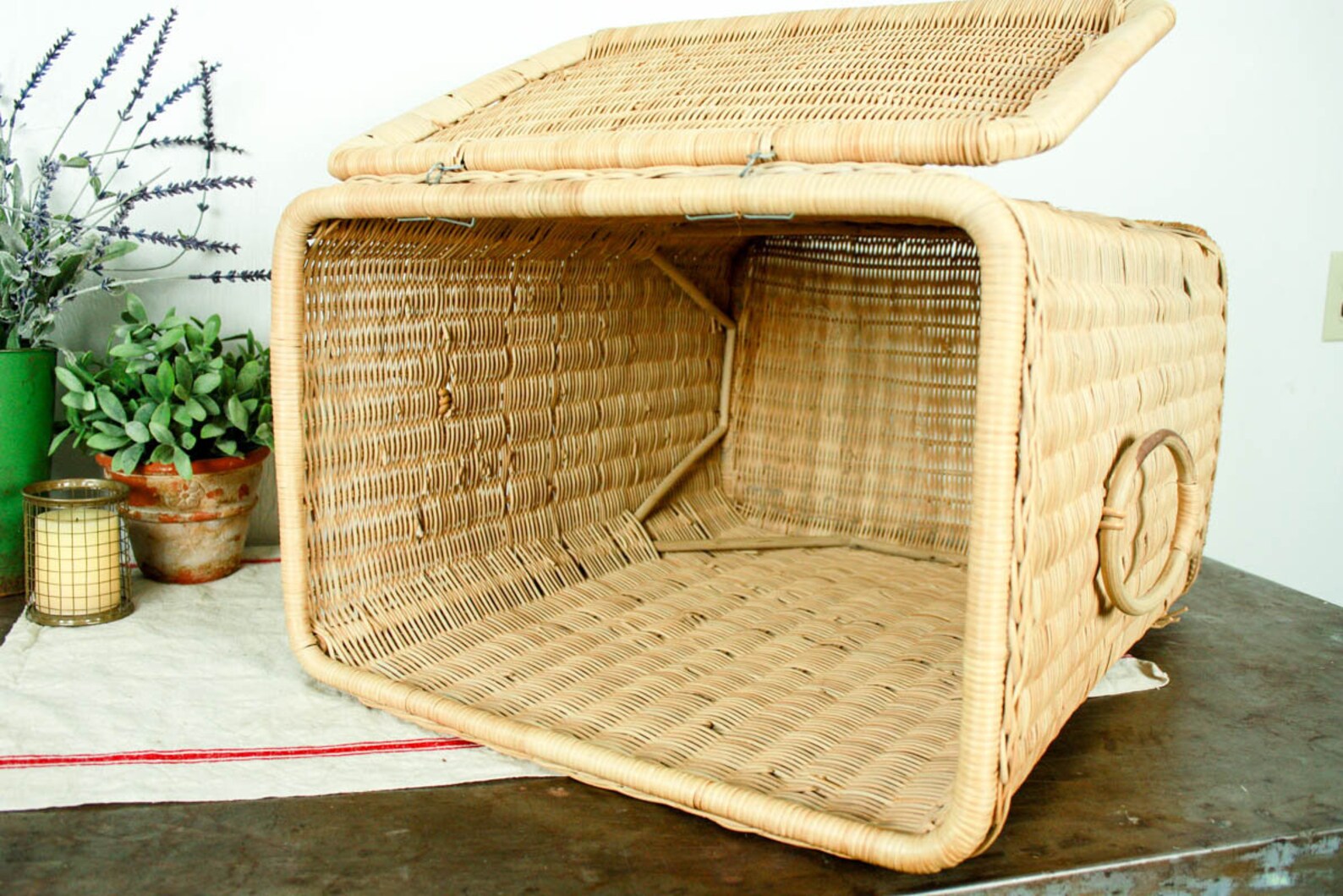 Vintage Wicker Laundry Hamper With Lid Tall Wicker Basket Etsy