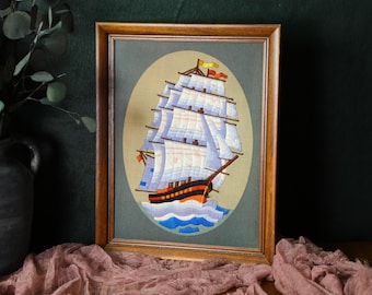 Vintage Ship Embroidery Framed, Granny Chic Art, Mid Century Embroidery Cross Stitch Art, Nautical Wall Art Boat, 1970s Wall Decor, 2470