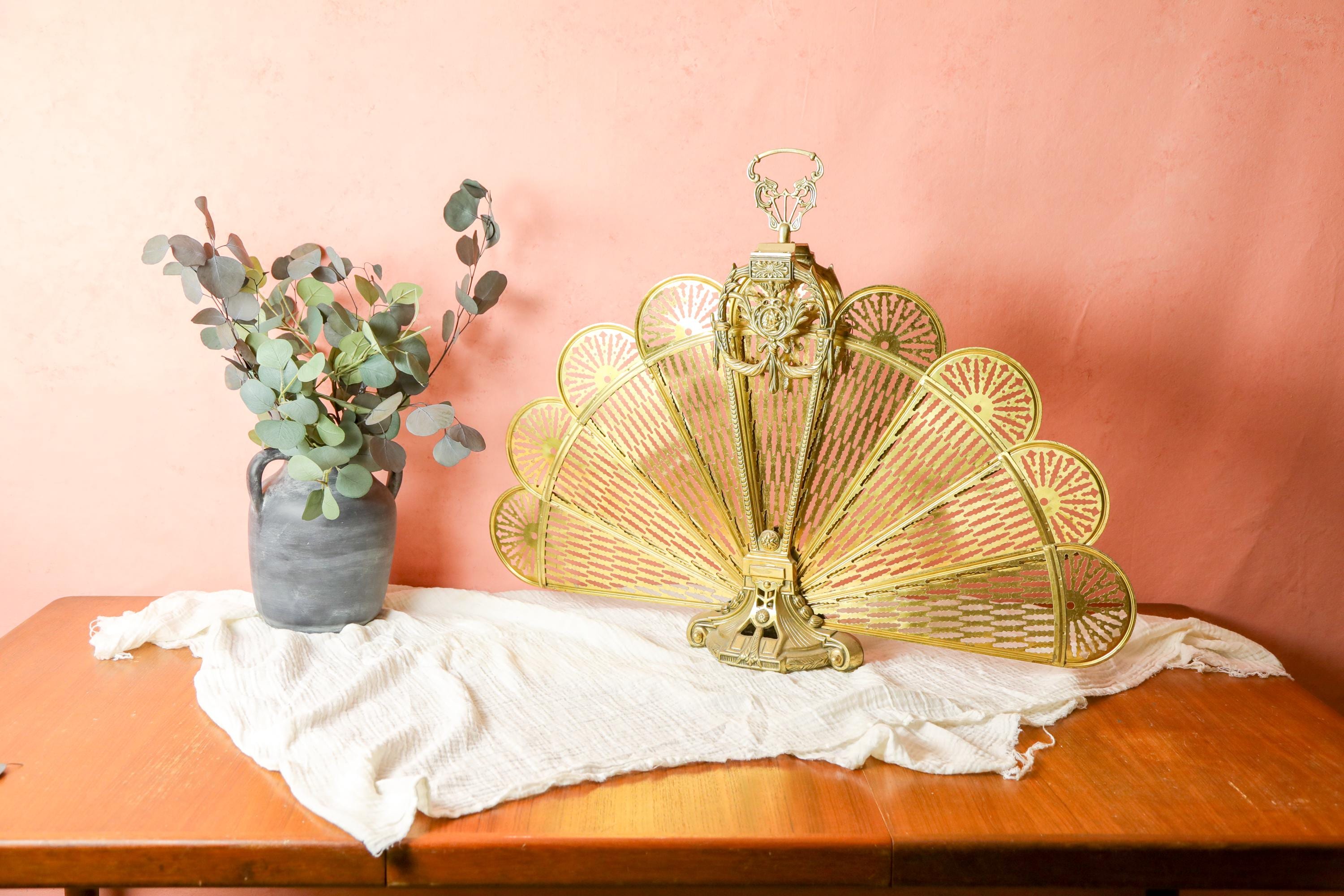 Vintage Brass Fan Fireplace Screen Folding, Brass Peacock