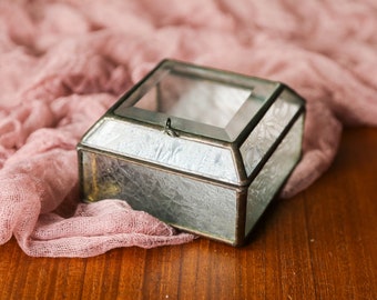 Authentic Antique Jewelry Box, Leaded Glass Jewelry Box, Stained Glass Box, Vintage Trinket Box with Hinged Lid, Etched Glass Box, 2466