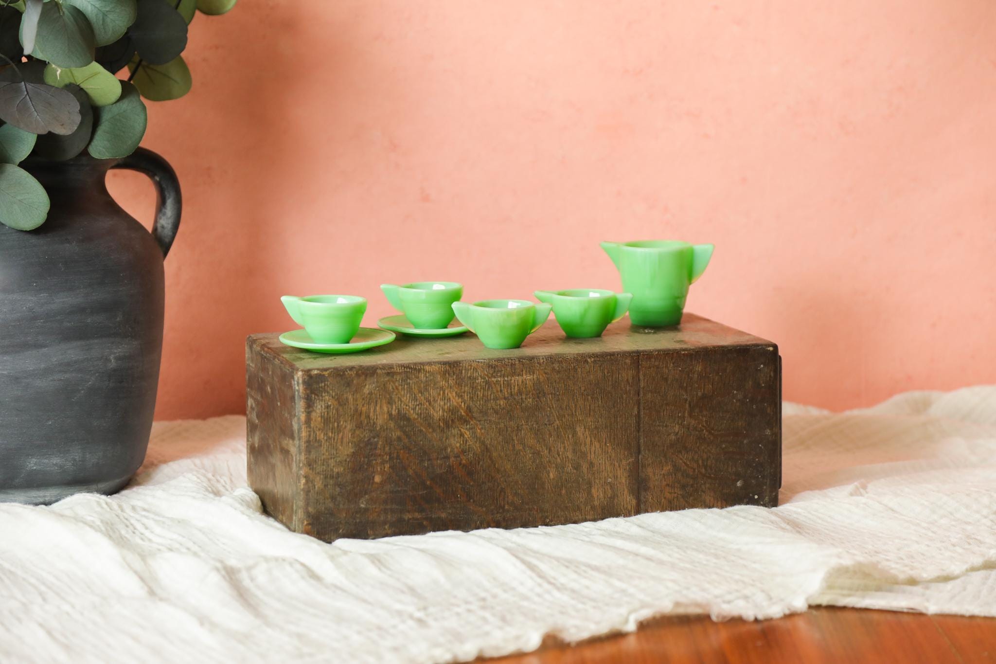 Vintage Akro Agate Children's Tea Set, Akro Agate Jadeite Tea Cups