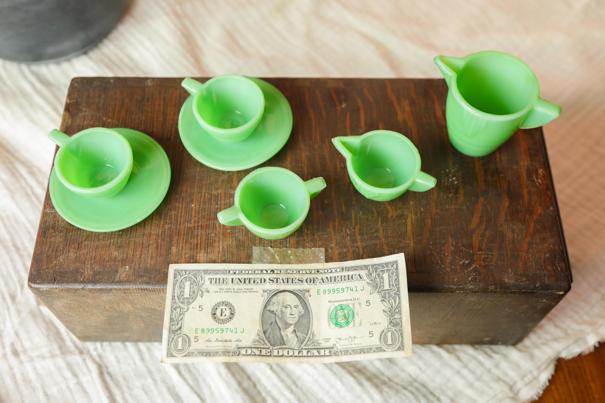 Vintage Akro Agate Children's Tea Set, Akro Agate Jadeite Tea Cups